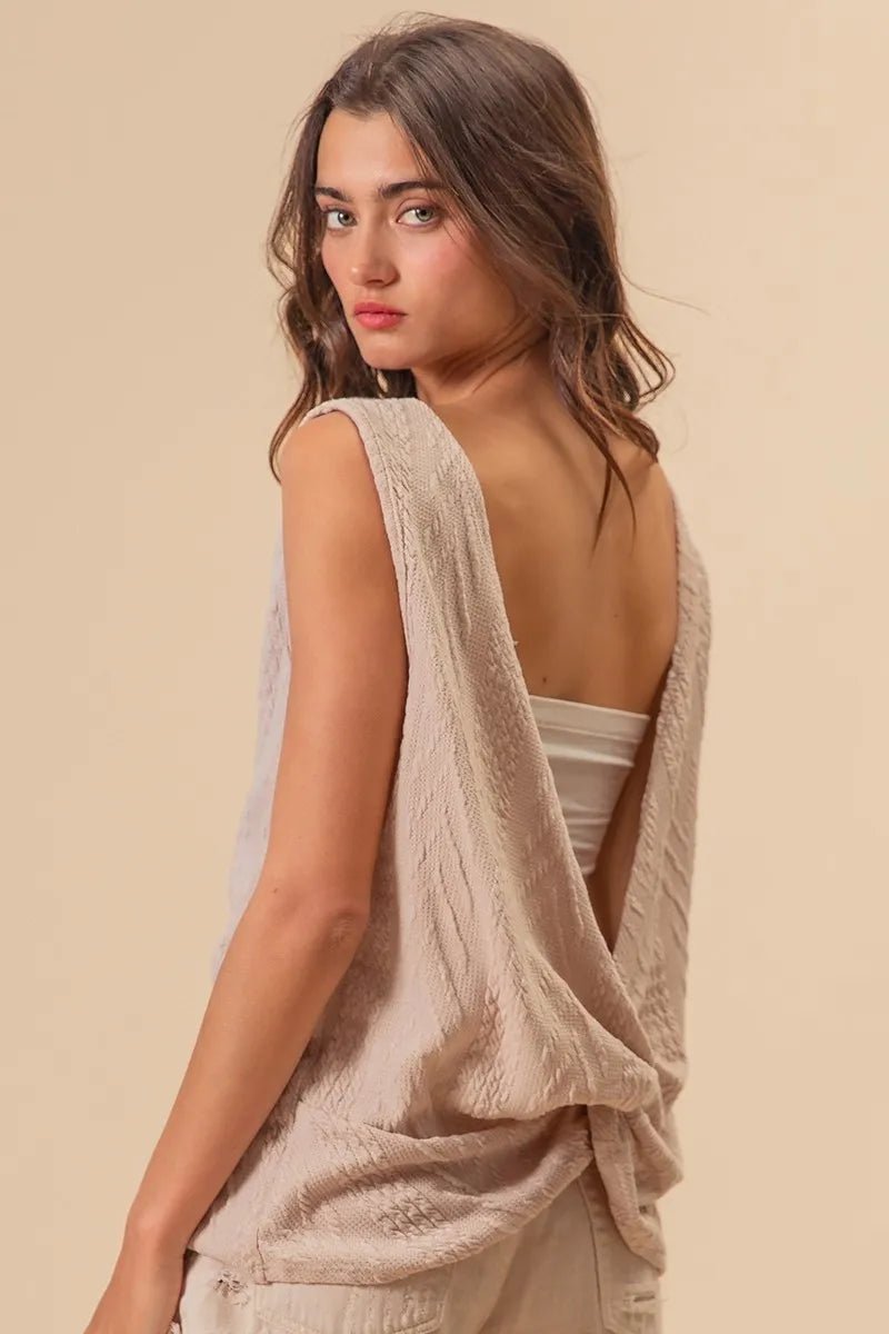 BiBi Textured Sweather Knit Twist Back Sleeveless Top - Roaming Gypsy Boutique