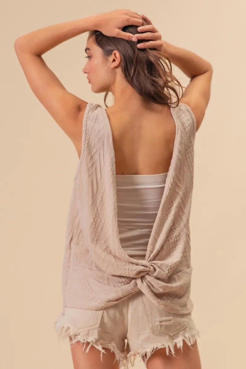 BiBi Textured Sweather Knit Twist Back Sleeveless Top - Roaming Gypsy Boutique