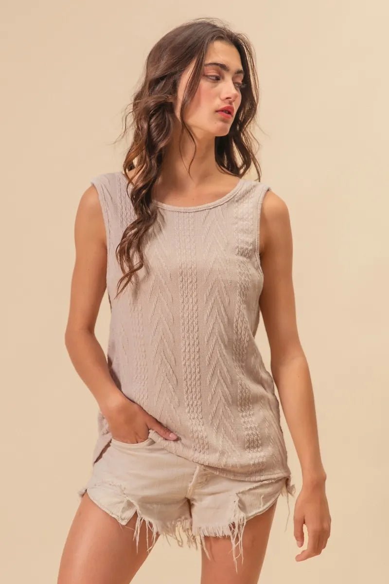 BiBi Textured Sweather Knit Twist Back Sleeveless Top - Roaming Gypsy Boutique