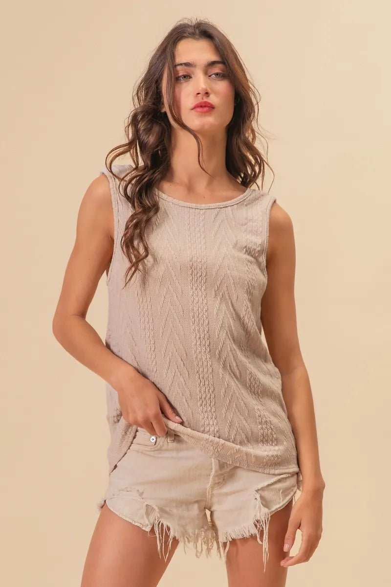 BiBi Textured Sweather Knit Twist Back Sleeveless Top - Roaming Gypsy Boutique