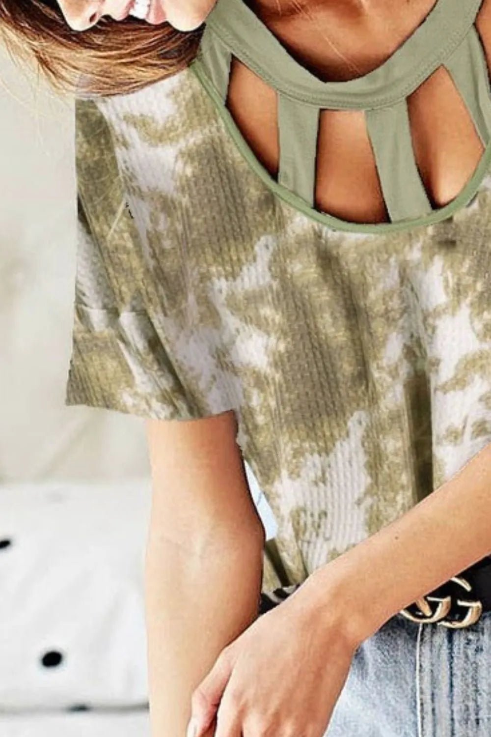 BiBi Tie Dye Print Waffle Top with Contrast Caged Neck - Roaming Gypsy Boutique