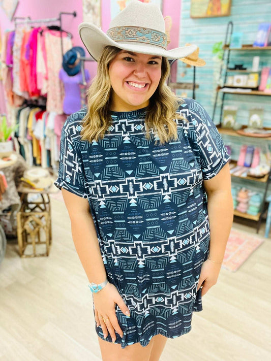 Black & Blue Aztec Love Dress - Roaming Gypsy Boutique