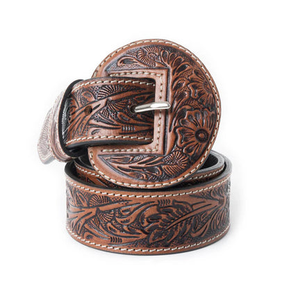 Brown leather belt with intricate designs and a silver buckle on a white background