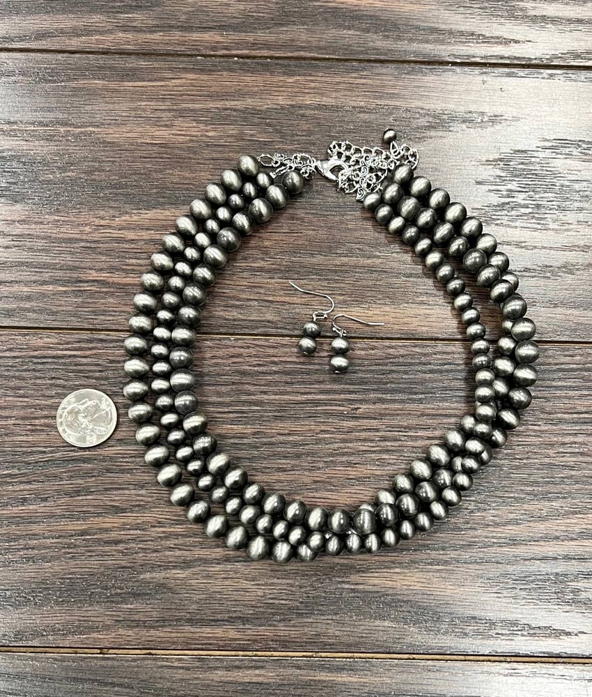 18" 3-strand Western Pearl Necklace Earrings Set