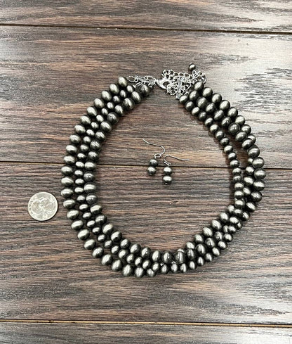18" 3-strand Western Pearl Necklace Earrings Set