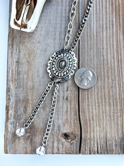 Western Concho Pendant Y Drop Chunky Chain Bolo Necklace