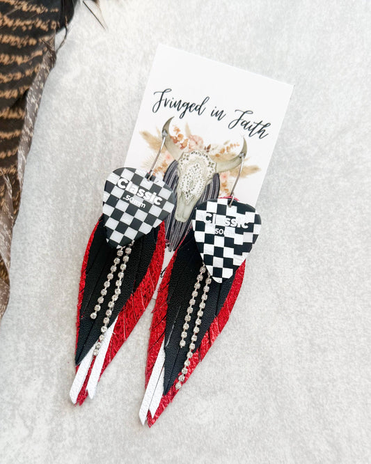 red leather checkered guitar pick earrings