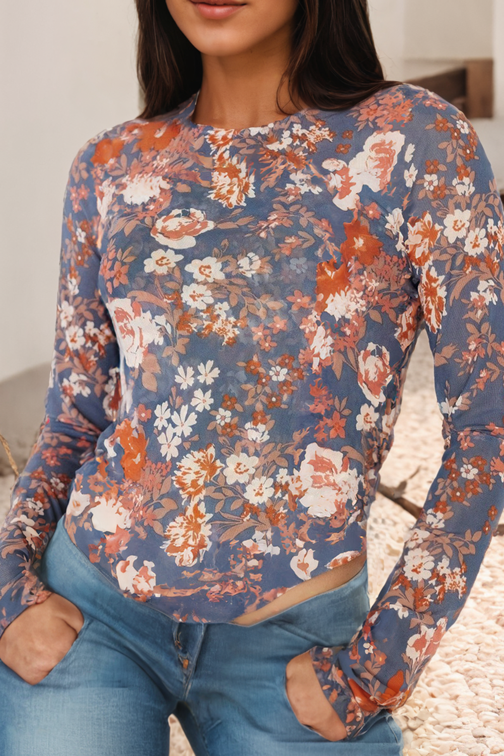 Blue Floral Print Mesh Top