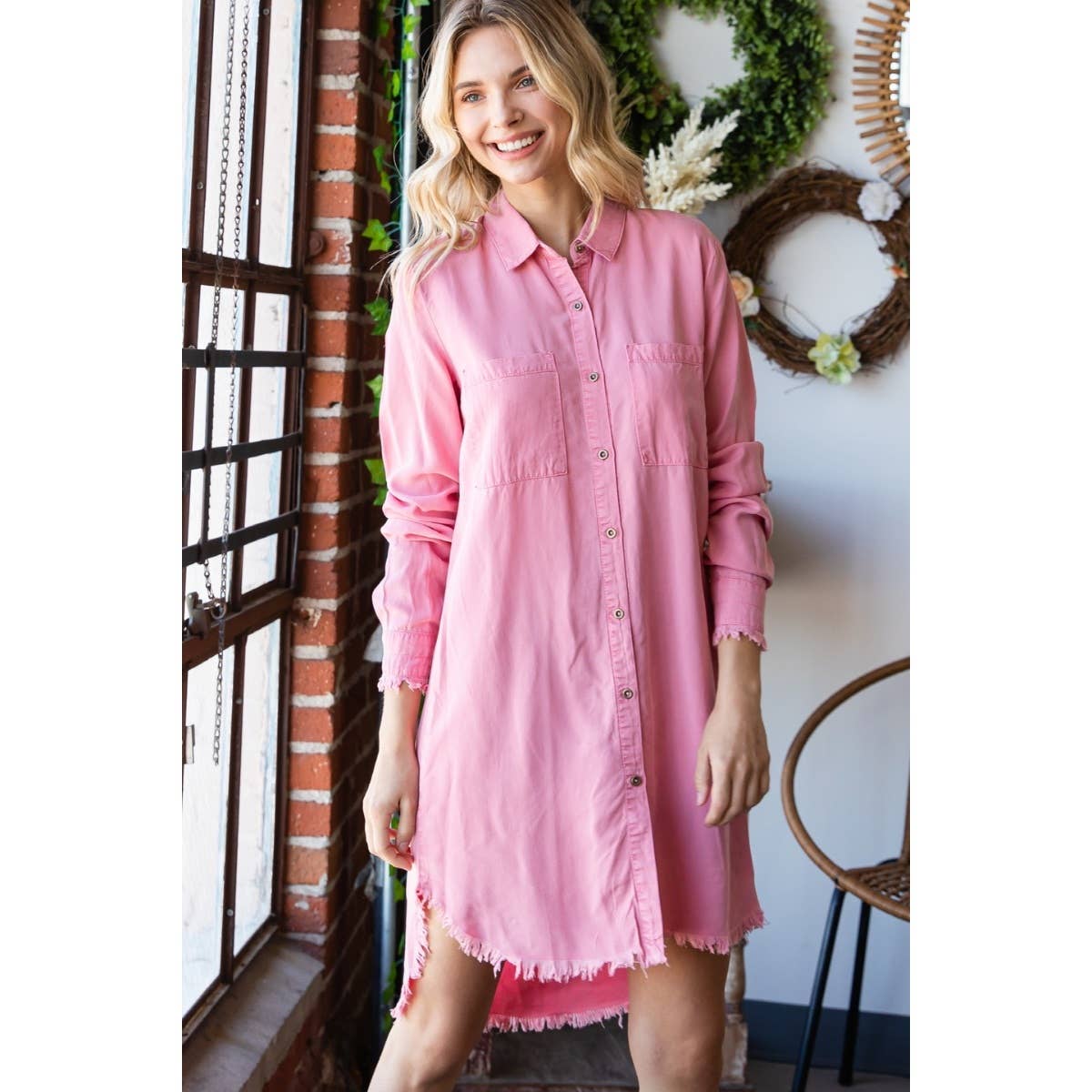Chambray Fray Button Dress - Roaming Gypsy Boutique