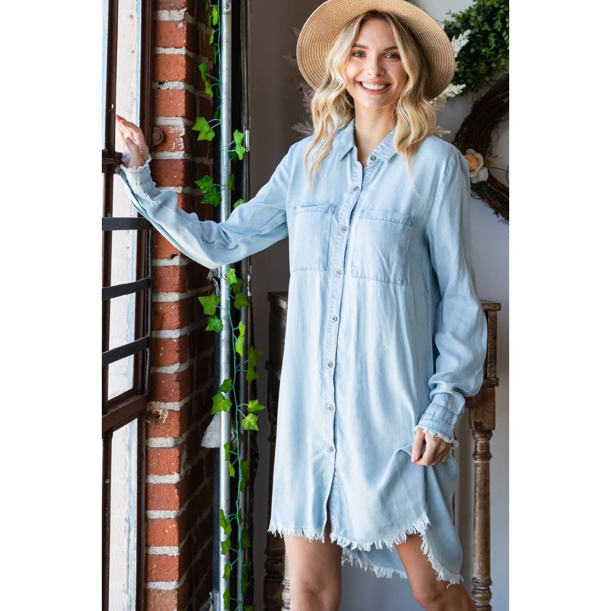 Chambray Fray Button Dress - Roaming Gypsy Boutique