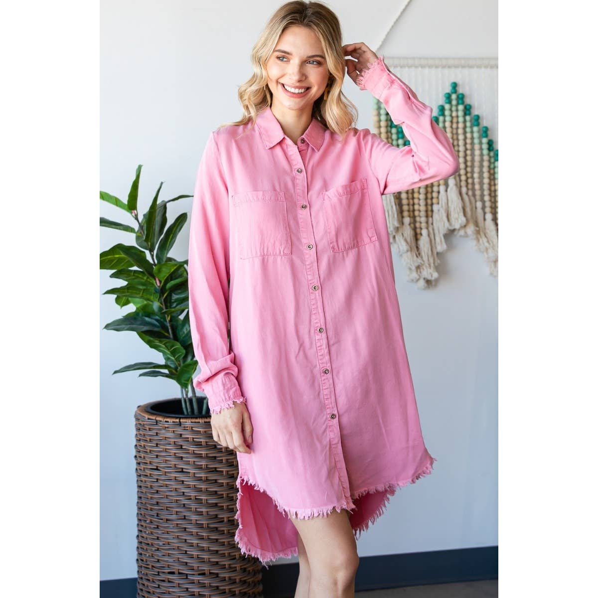 Chambray Fray Button Dress - Roaming Gypsy Boutique