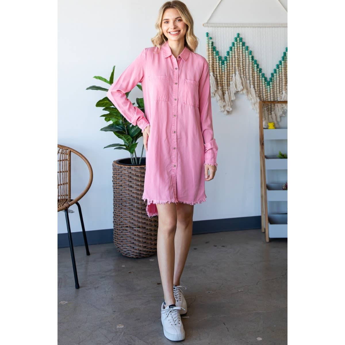 Chambray Fray Button Dress - Roaming Gypsy Boutique