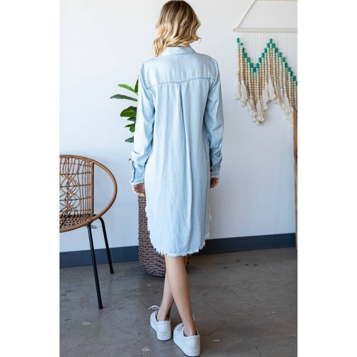 Chambray Fray Button Dress - Roaming Gypsy Boutique