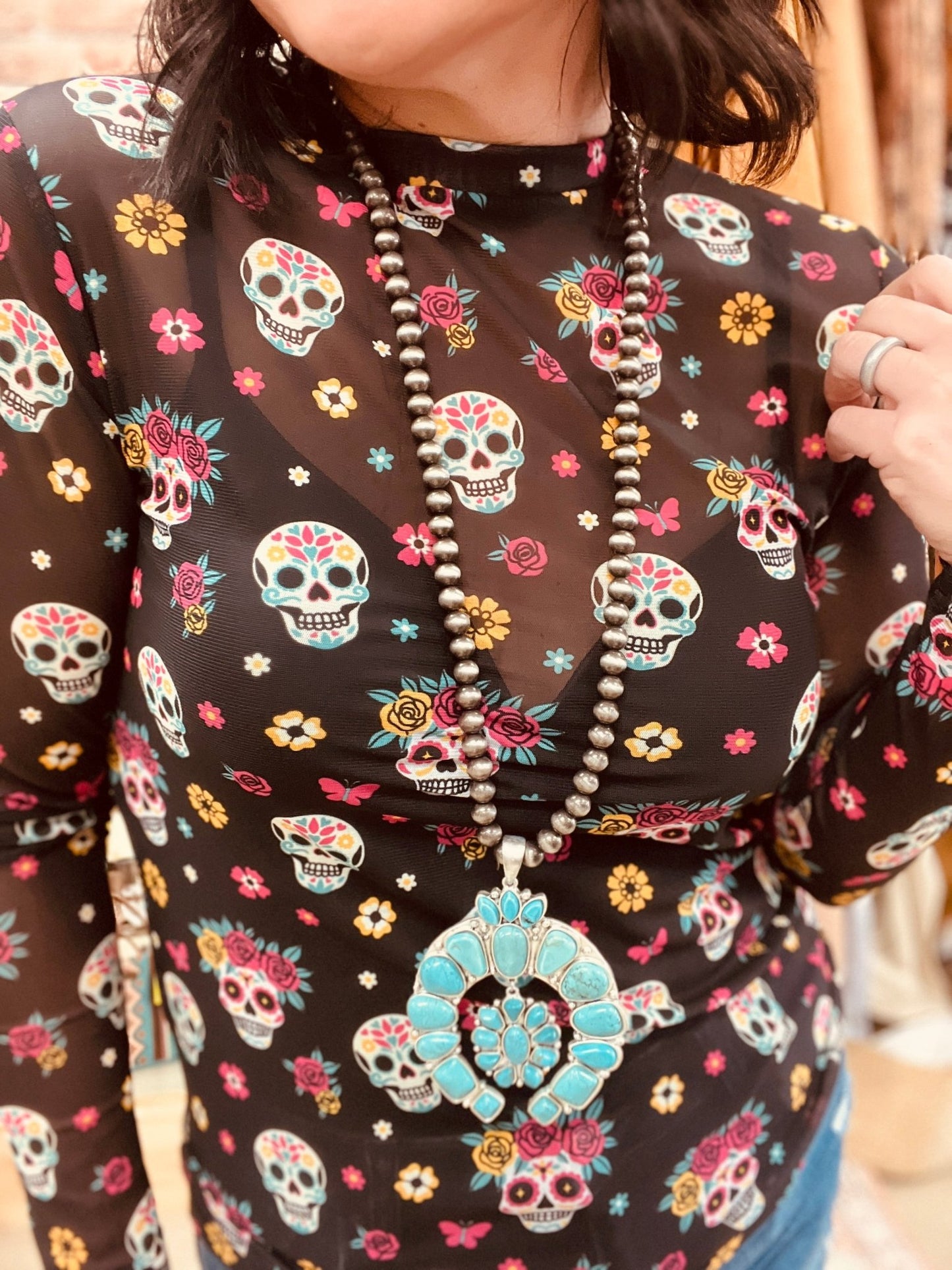 Cinco Sugar Skull Mesh Top - Roaming Gypsy Boutique