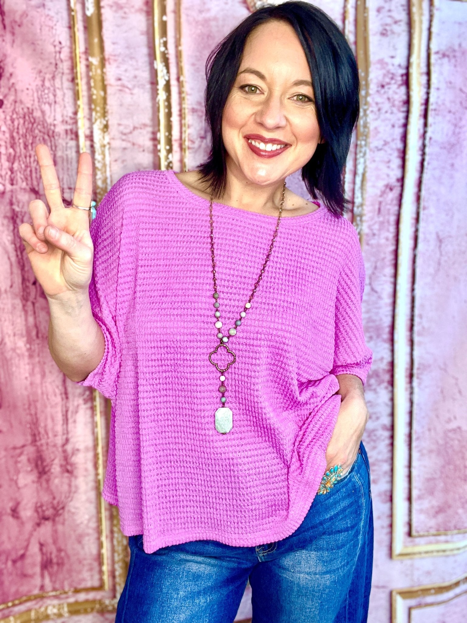 Curvy Peony Waffle Top - Roaming Gypsy Boutique