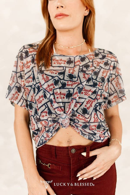 Cowboy Up Patch Printed Short Sleeve Mesh Top