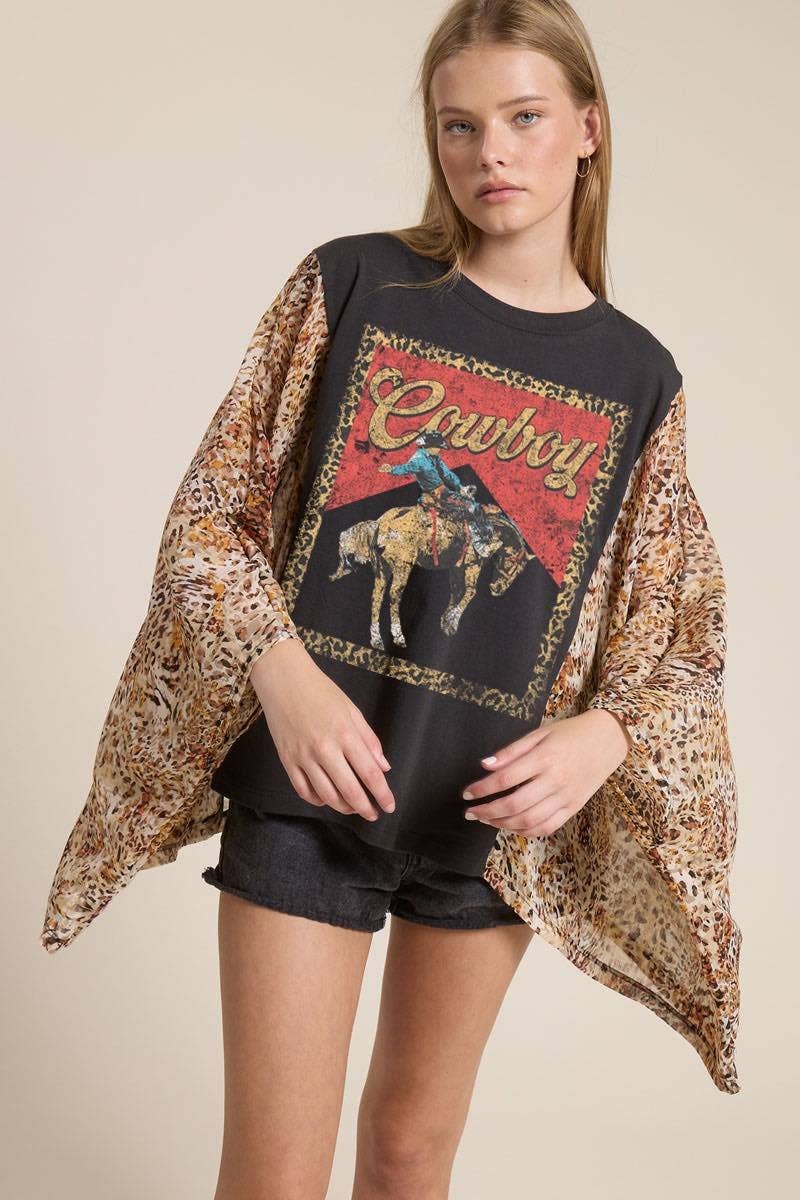 Western Vintage Cowboy Leopard Graphic Kantha Top