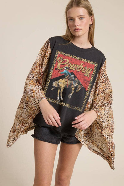 Western Vintage Cowboy Leopard Graphic Kantha Top