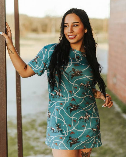 Blue Green Colored Wester Horse & Rope printed Dress| Western Dress