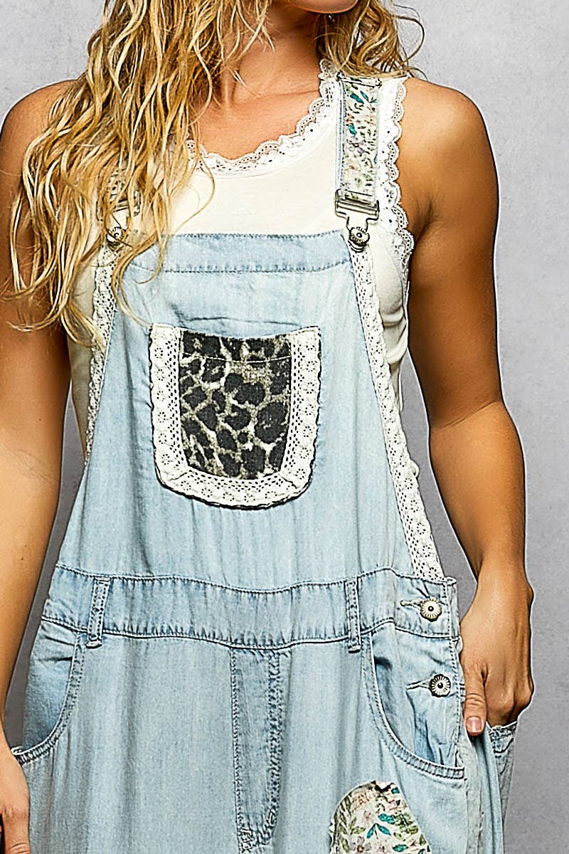 Boho Patchy Denim Overalls