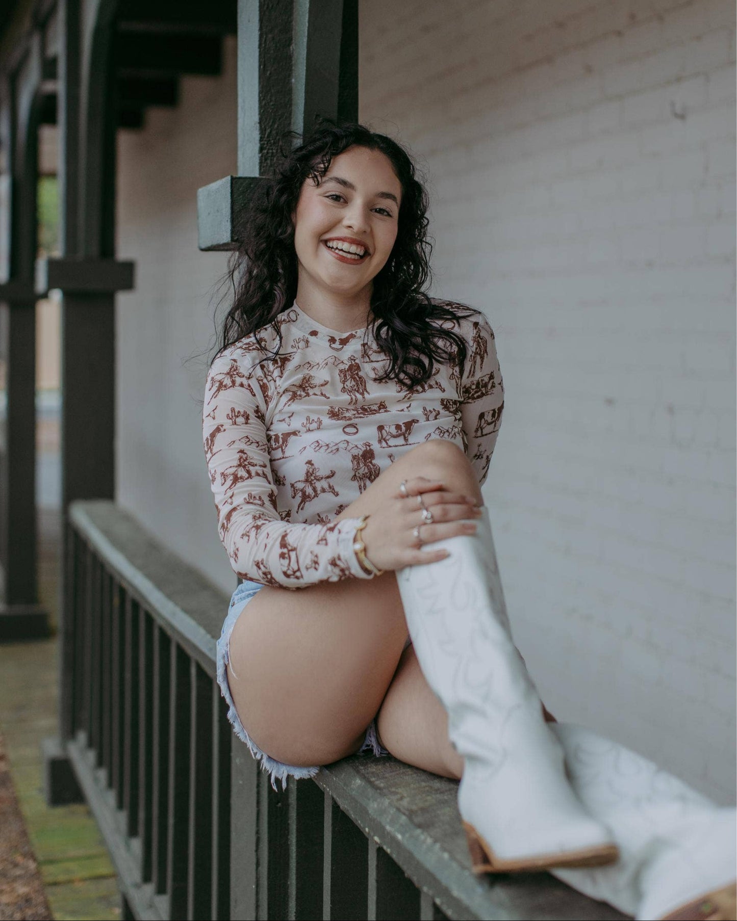 Western Print cream and brown mesh shirt