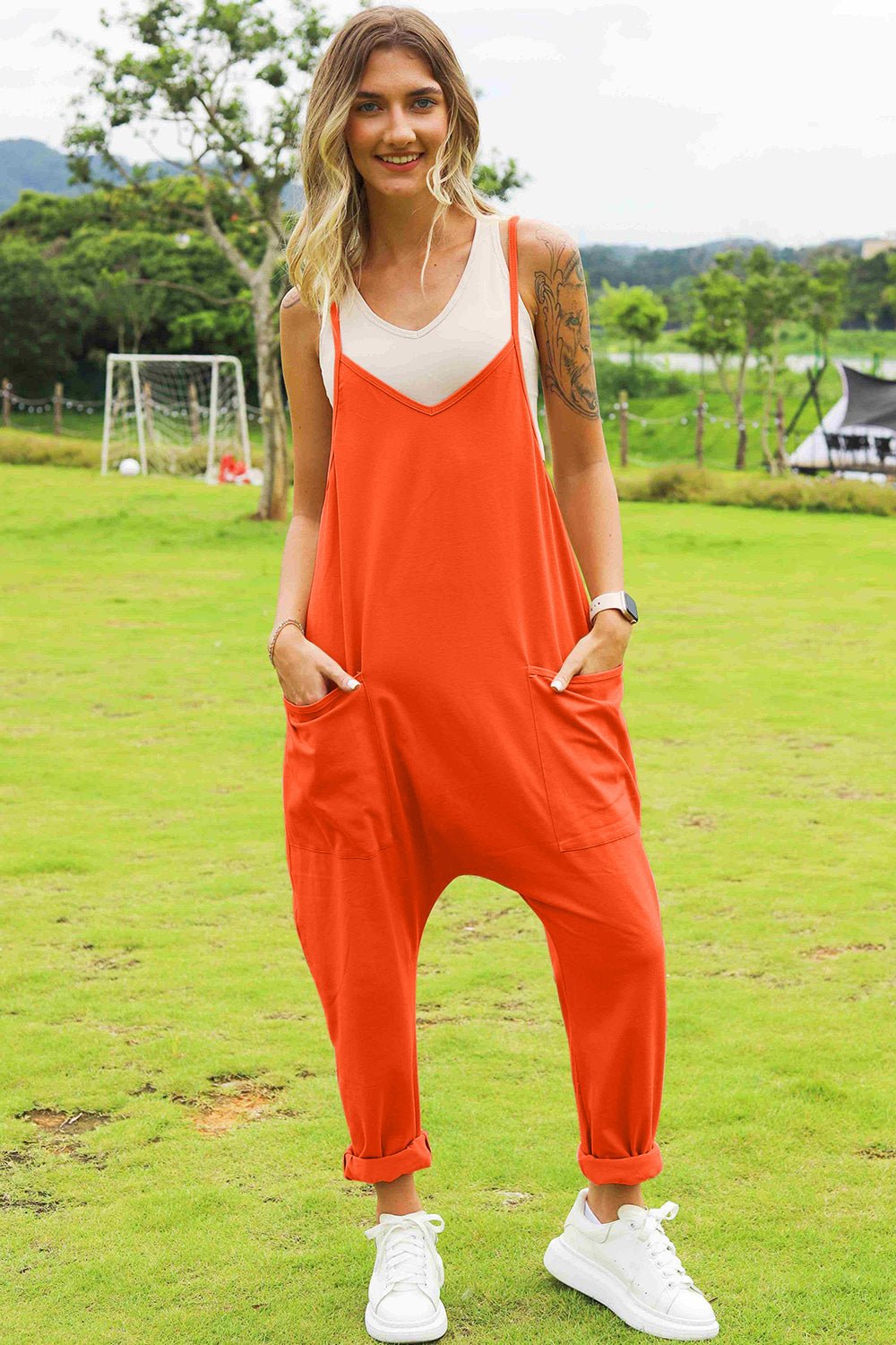 Double Take Full Size Sleeveless V - Neck Pocketed Jumpsuit - Roaming Gypsy Boutique