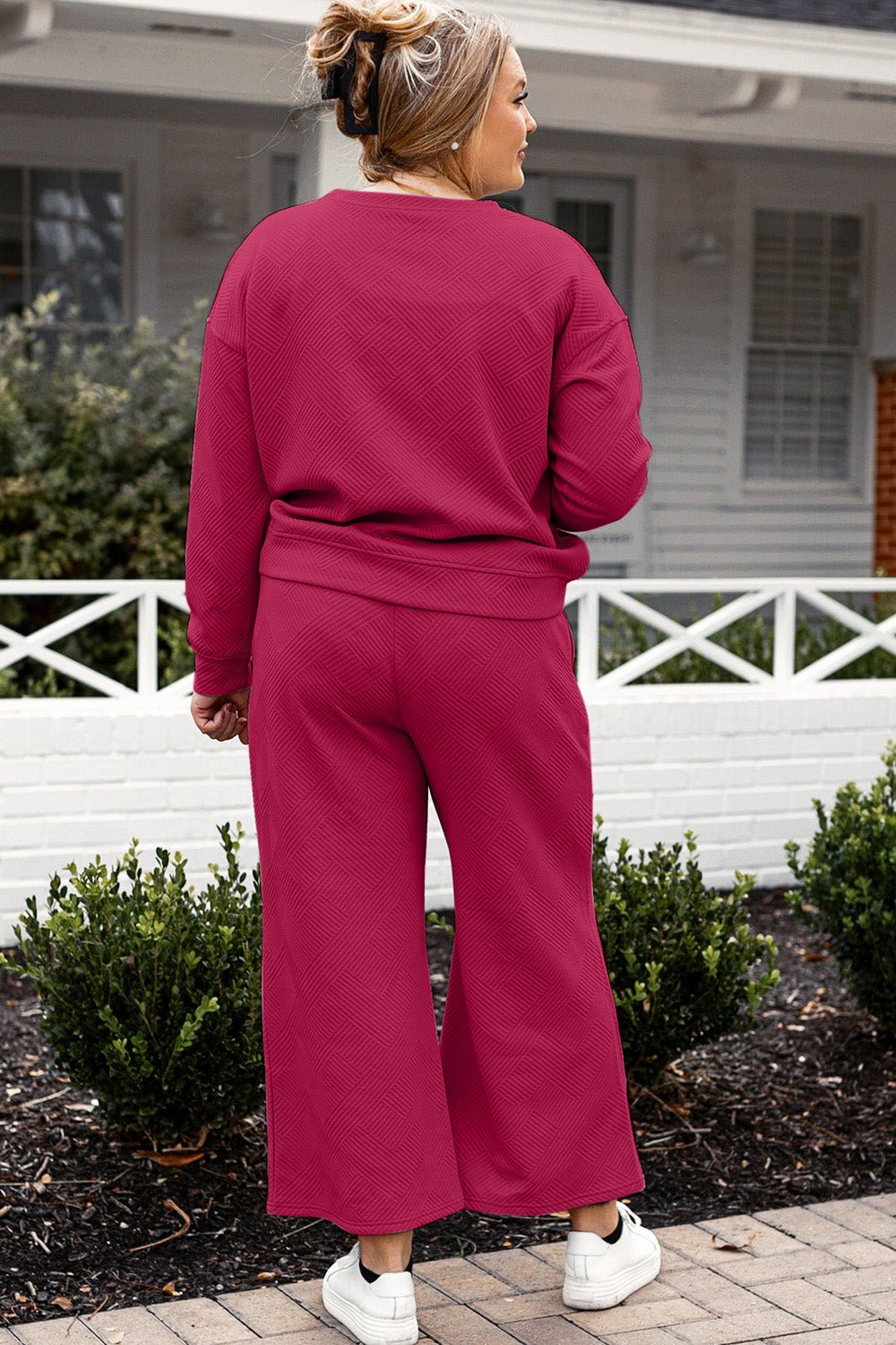 Double Take Full Size Textured Long Sleeve Top and Drawstring Pants Set - Roaming Gypsy Boutique