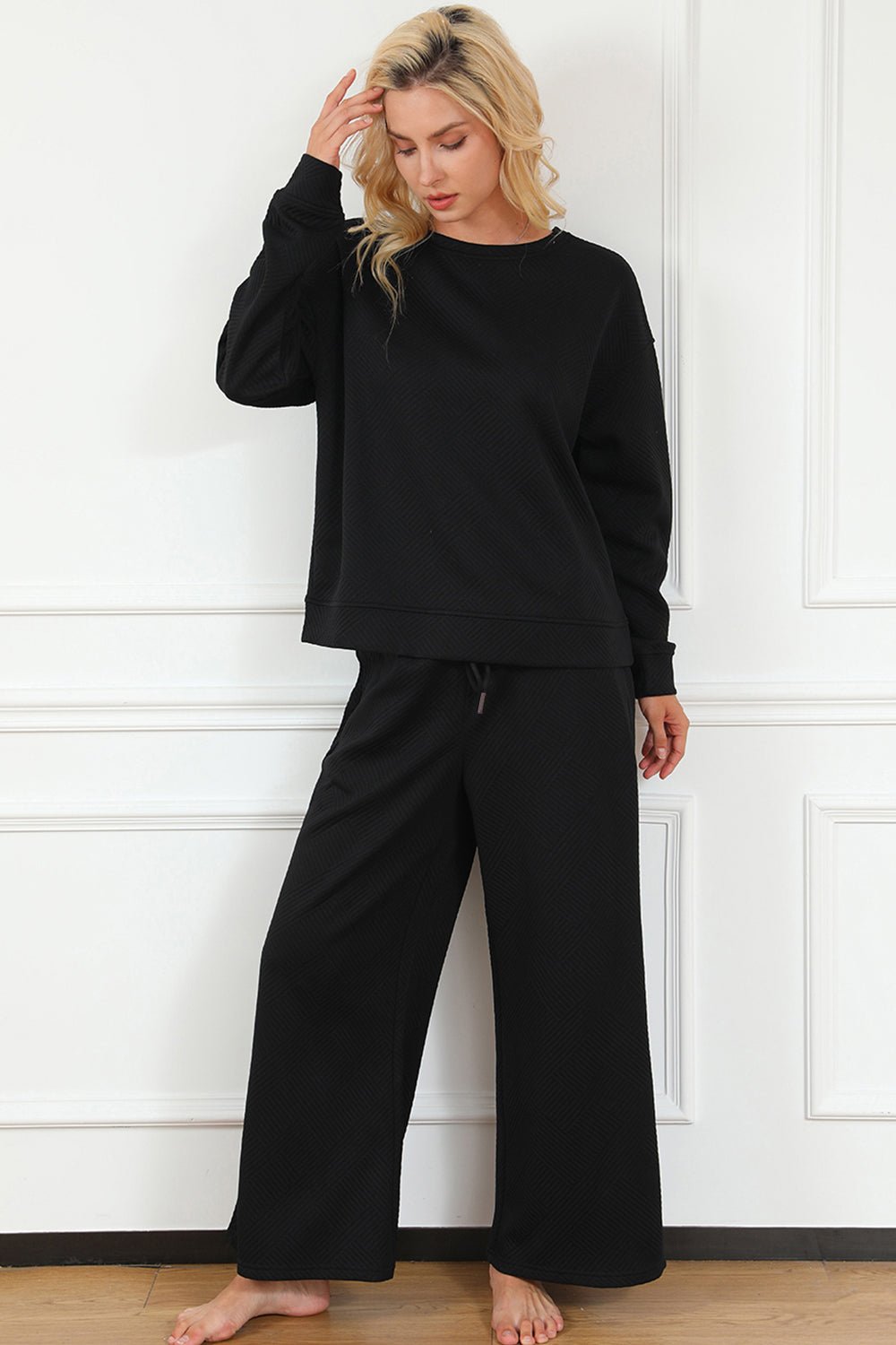 Double Take Full Size Textured Long Sleeve Top and Drawstring Pants Set - Roaming Gypsy Boutique