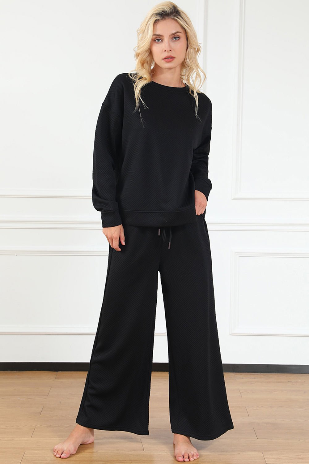 Double Take Full Size Textured Long Sleeve Top and Drawstring Pants Set - Roaming Gypsy Boutique