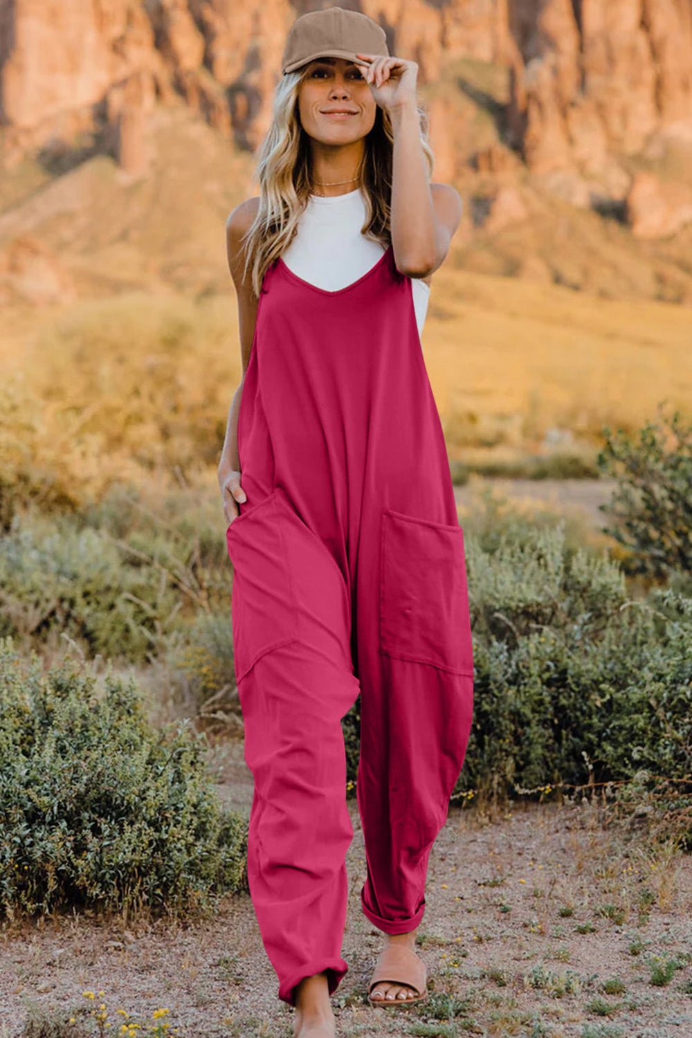 Double Take Full Size V - Neck Sleeveless Jumpsuit with Pockets - Roaming Gypsy Boutique