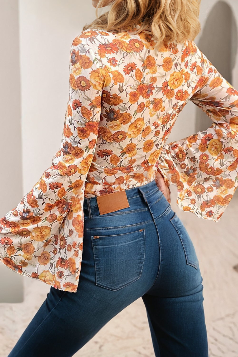 Fall Floral Bell Sleeve Scallop Blouse