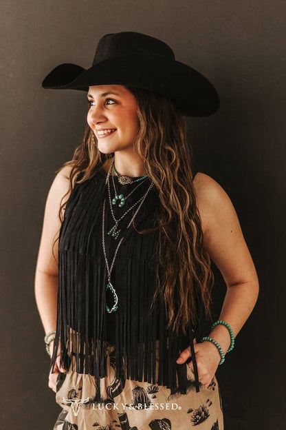 Black Stretch Suede Fringe Tier Sleeveless Top