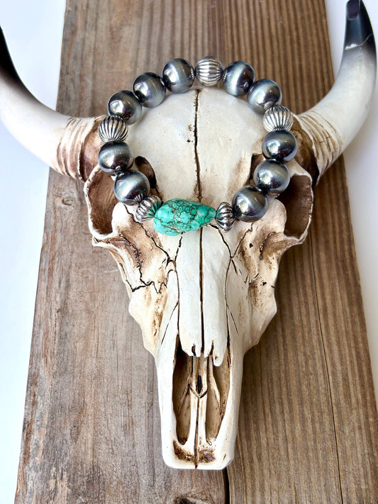 Western Pearl Stretch Bracelet with Turquoise Stone