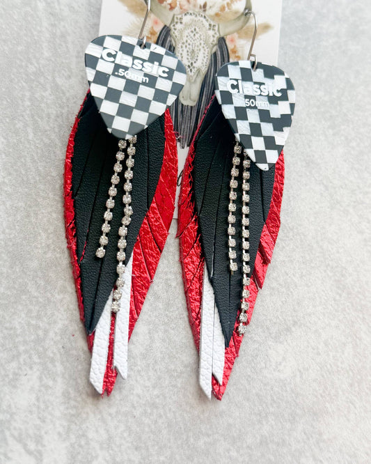 Handmade leather fringe earrings with guitar pick