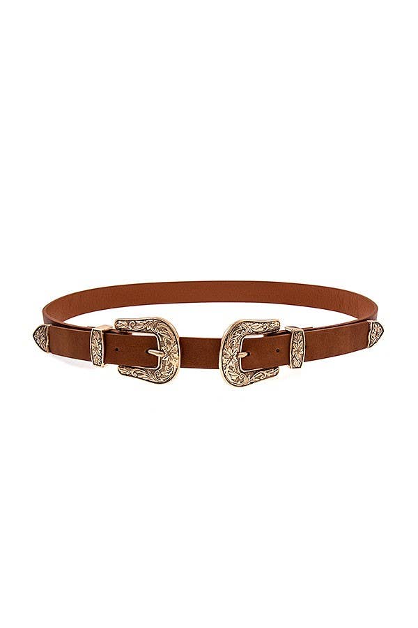 ETCHED DOUBLE SIDED BUCKLE FAUX LEATHER BELT 23 - Roaming Gypsy Boutique