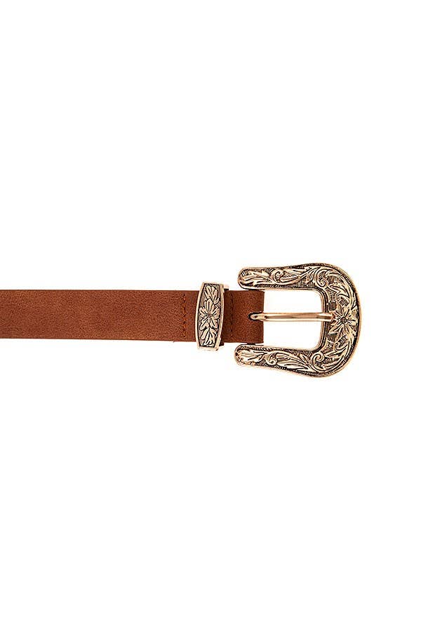 ETCHED DOUBLE SIDED BUCKLE FAUX LEATHER BELT 23 - Roaming Gypsy Boutique