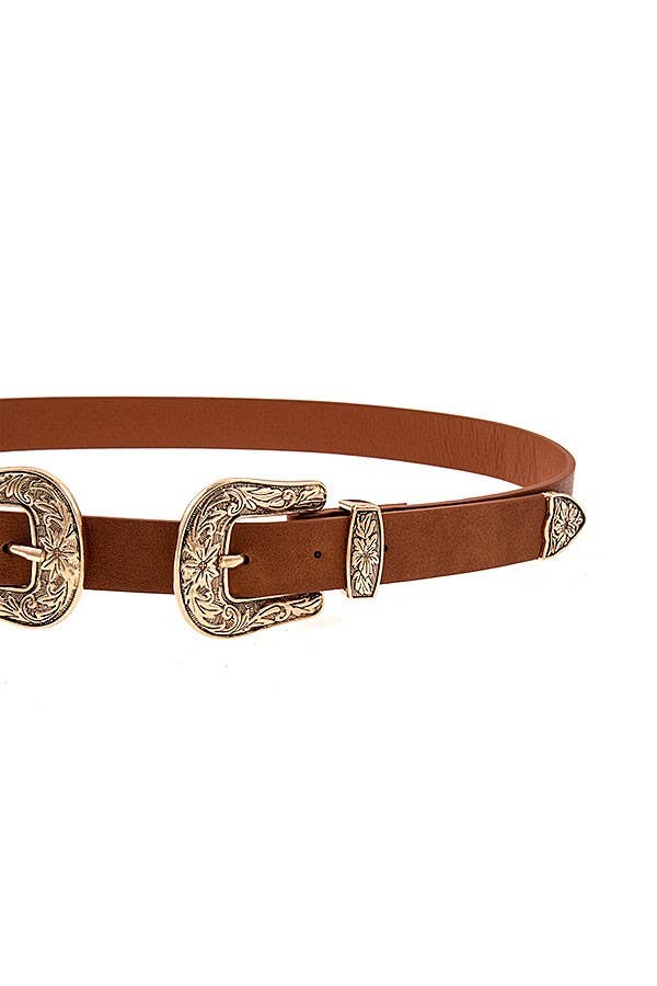 ETCHED DOUBLE SIDED BUCKLE FAUX LEATHER BELT 23 - Roaming Gypsy Boutique