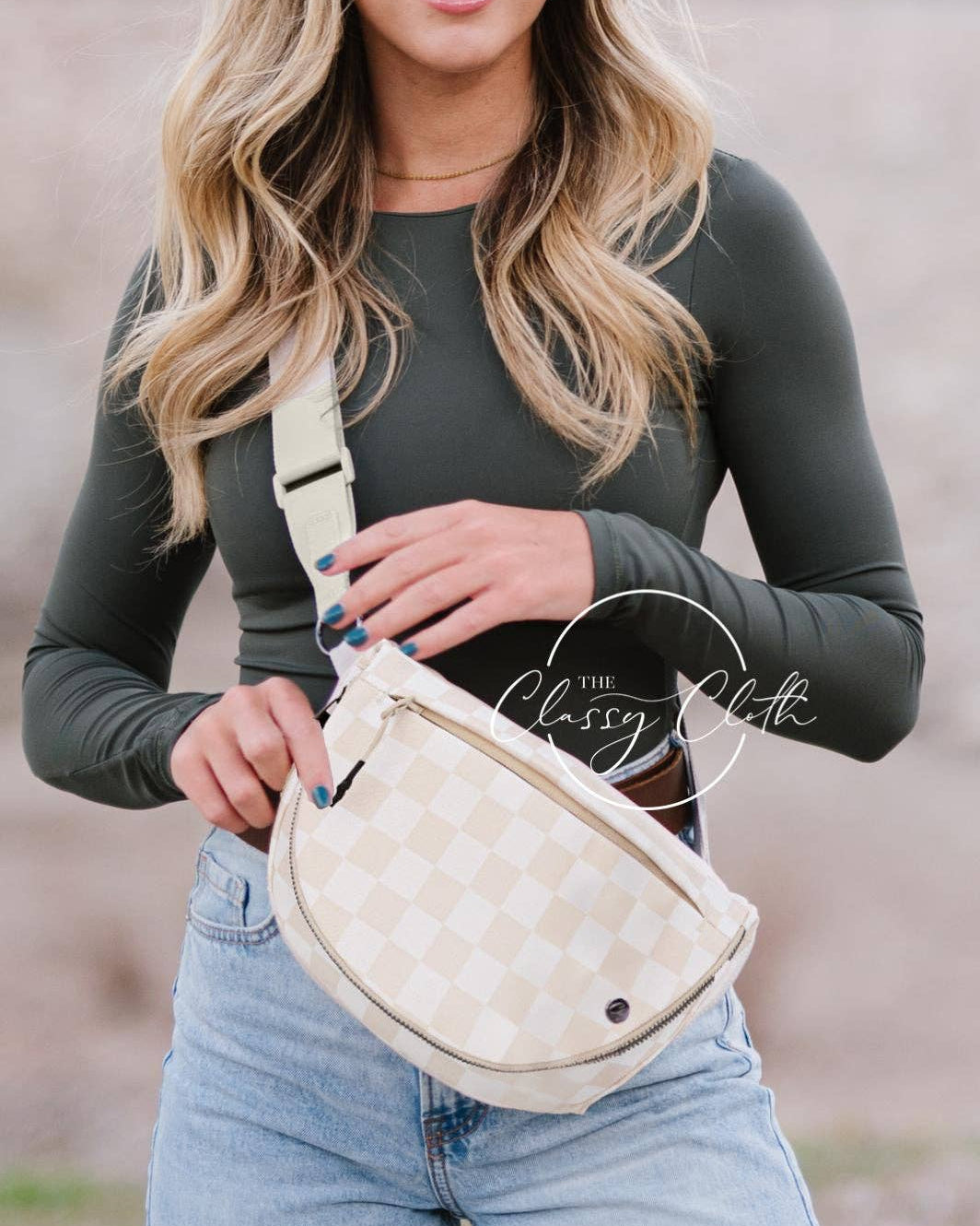 cream checkered bum belt bag