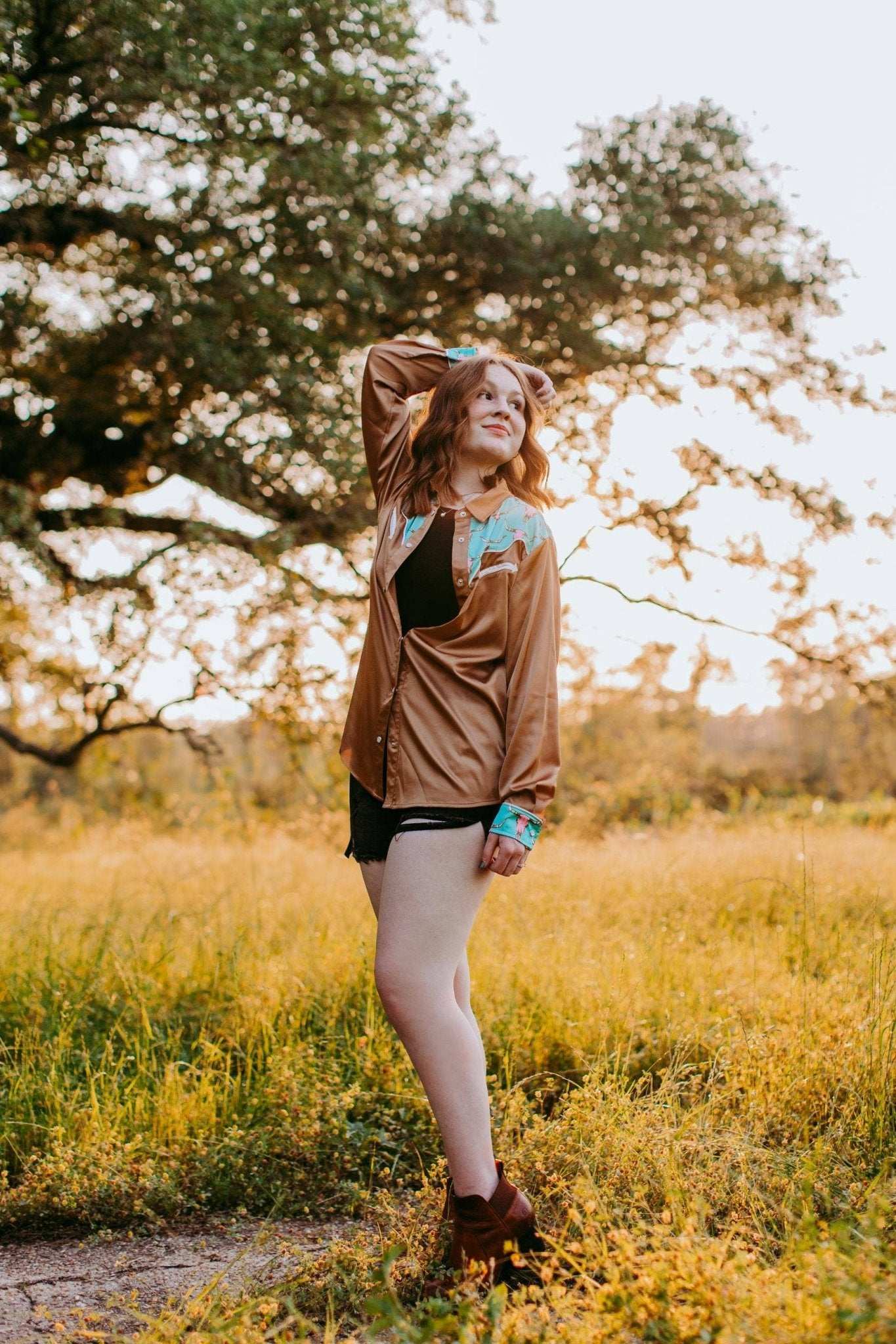 Fall Ranchin Satin Yolk Top - Roaming Gypsy Boutique