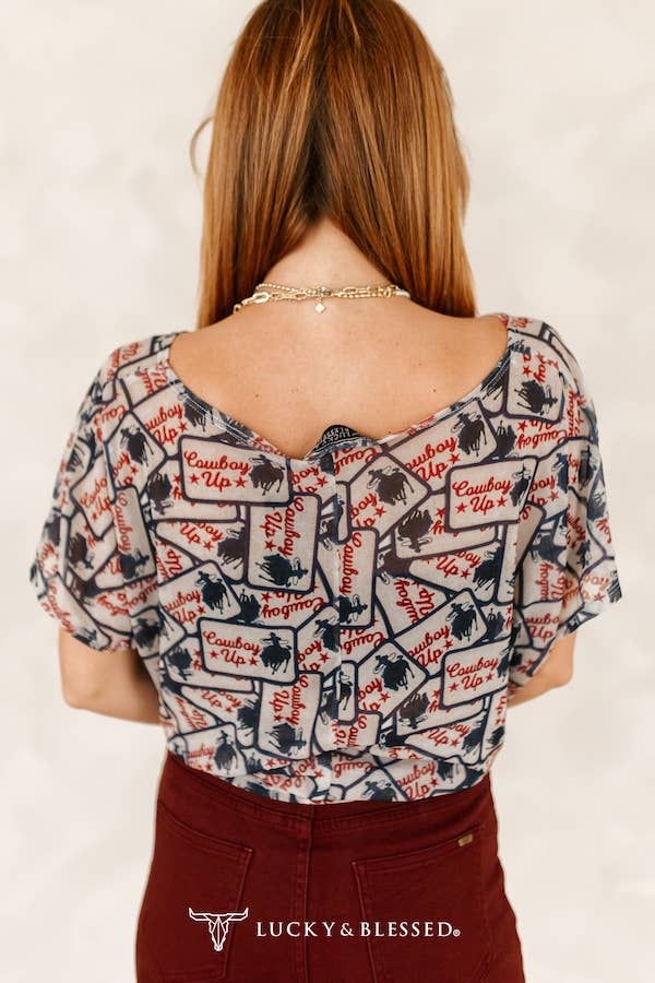 Cowboy Up Patch Printed Short Sleeve Mesh Top