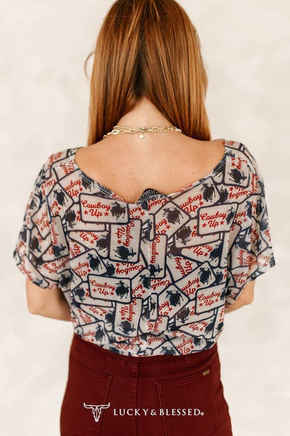 Cowboy Up Patch Printed Short Sleeve Mesh Top