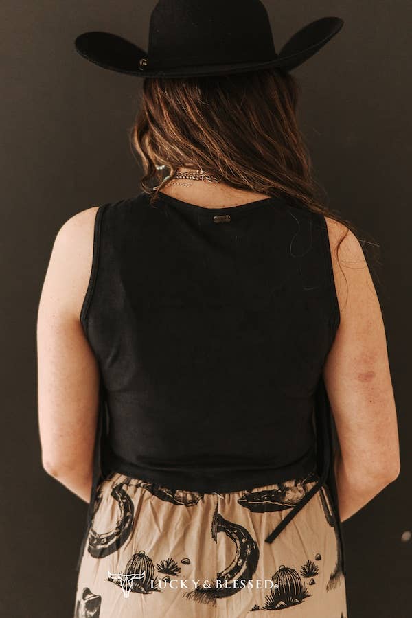 Black Stretch Suede Fringe Tier Sleeveless Top