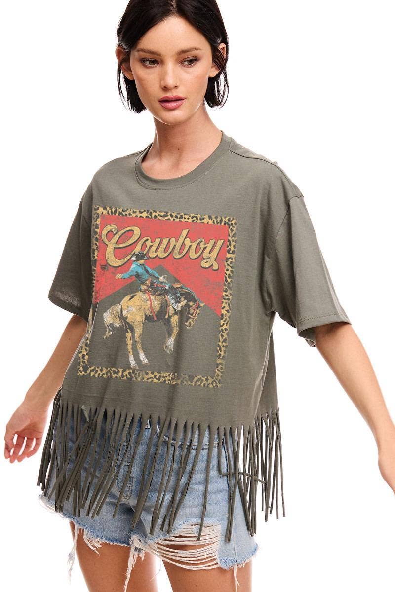 Western Cowboy Leopard Fringe Tee