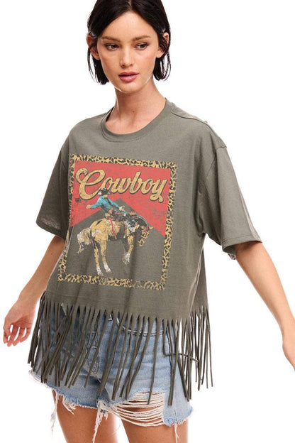 Western Cowboy Leopard Fringe Tee