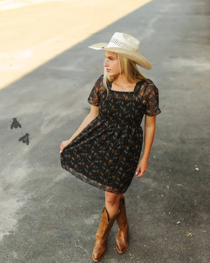 Western Print Smocked Frilly Dress