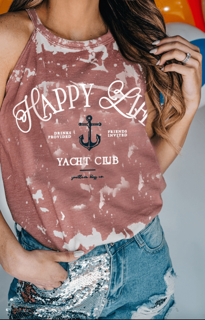 Happy Life Yacht Club Bleached Tank - Roaming Gypsy Boutique