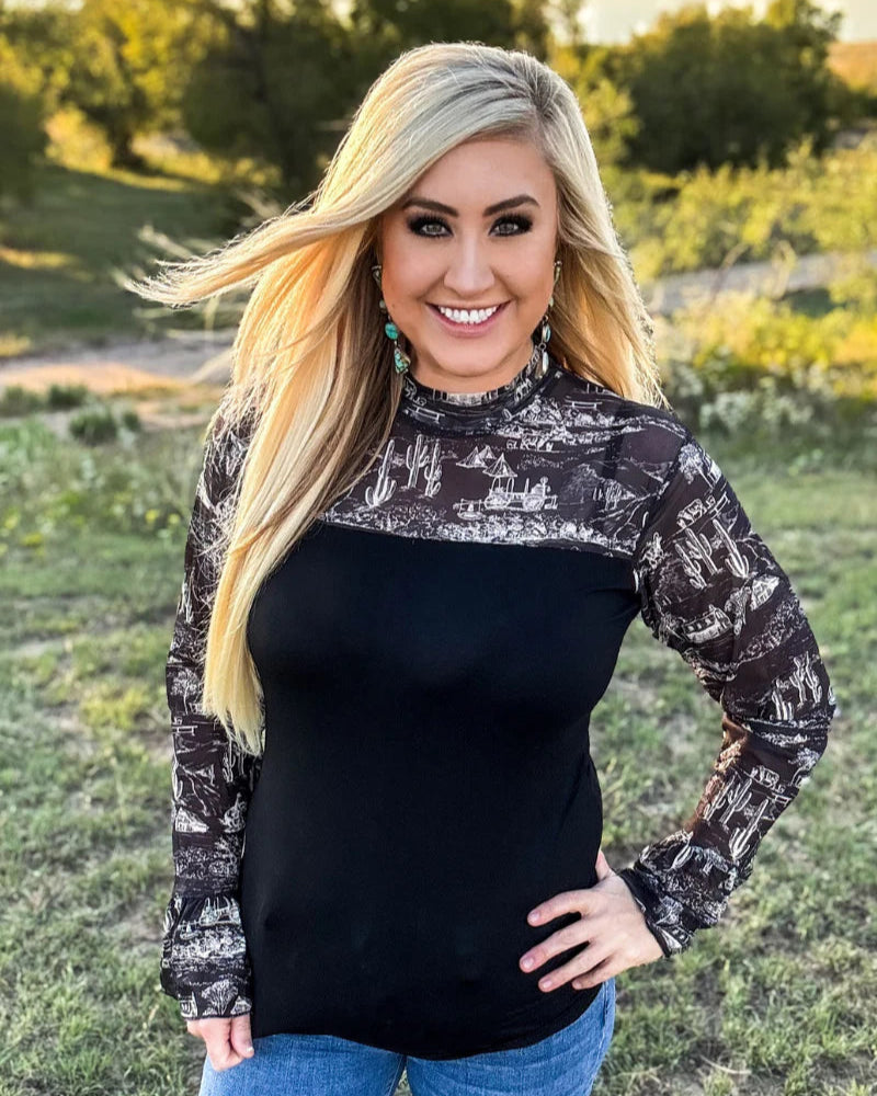 Black Western Print Blouse