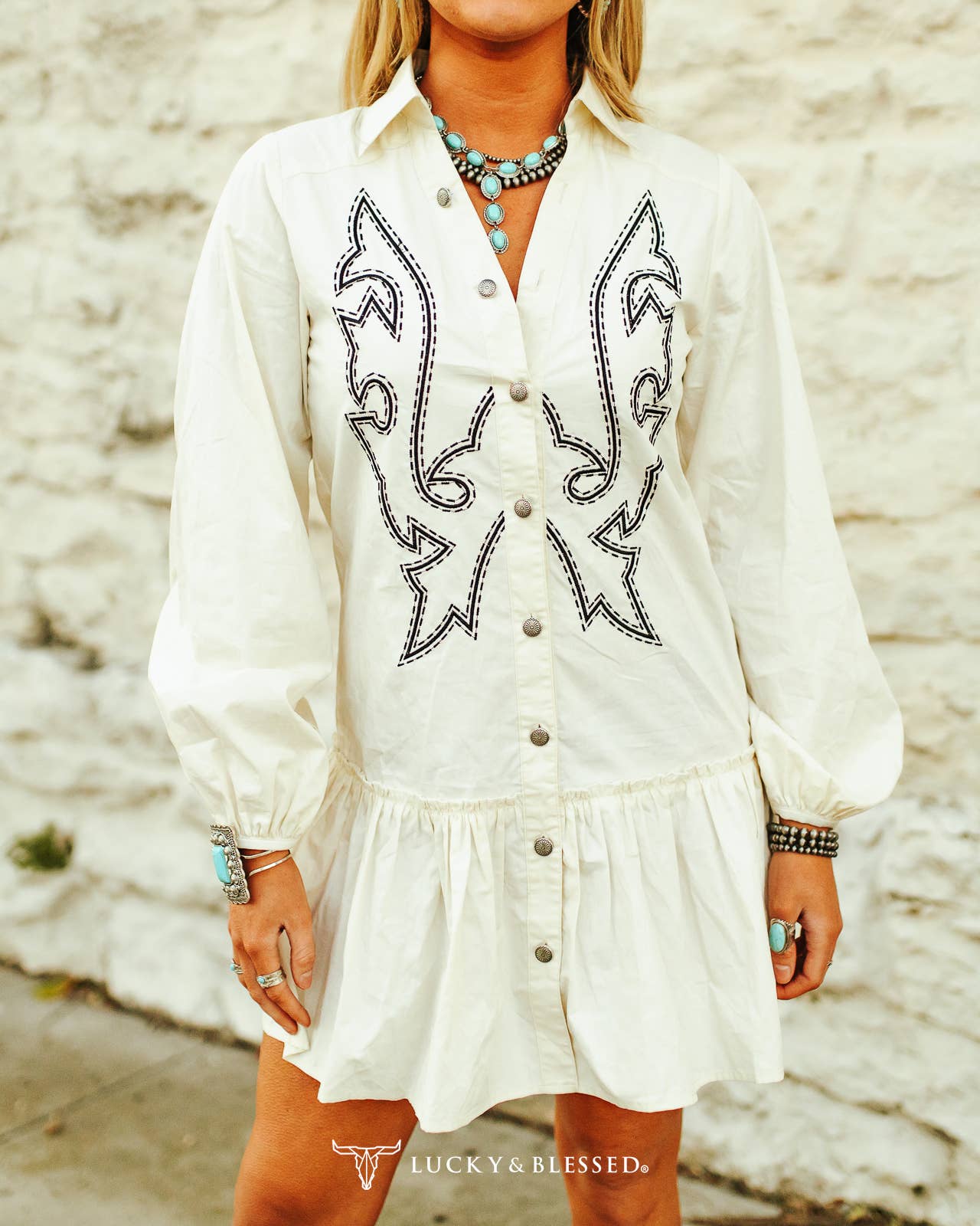 Ivory Concho Button Down Kicker Dress - Roaming Gypsy Boutique