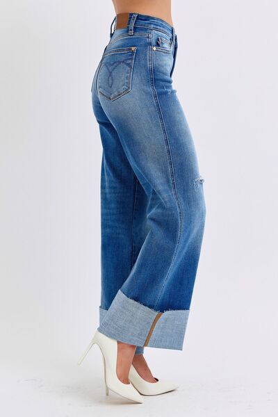 Judy Blue Full Size Distressed High Waist Wide Leg Jeans - Roaming Gypsy Boutique