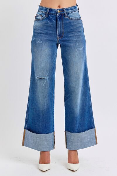 Judy Blue Full Size Distressed High Waist Wide Leg Jeans - Roaming Gypsy Boutique